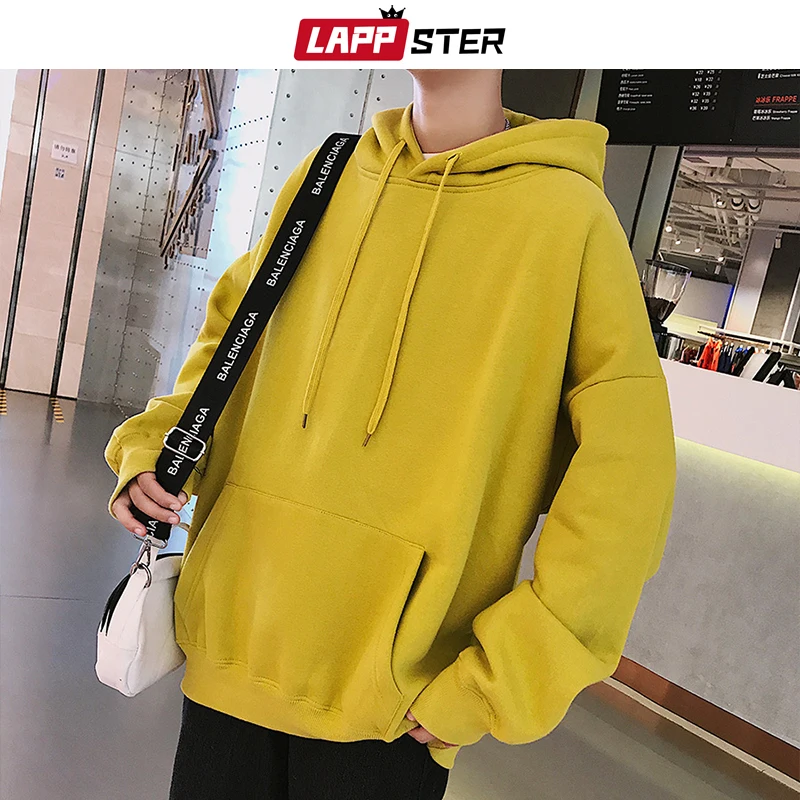  LAPPSTER Men Fleece Colorful Hoodies 2019 Autumn Mens Hip Hop Solid Hooded Sweatshirts Korean Fashi