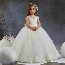 Ivory Glitter Tulle Ball Gown Flower Girl Dresses For Wedding O Neck Pageant Gowns Sequined First Communion Dress Cap Sleeve