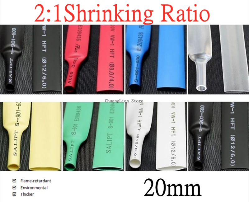 

1M Heat Shrink Tube 20mm Diameter Insulated Polyolefin 2:1 Shrinkage Ratio Wire Wrap Connector Line Repair 600V Cable Sleeve