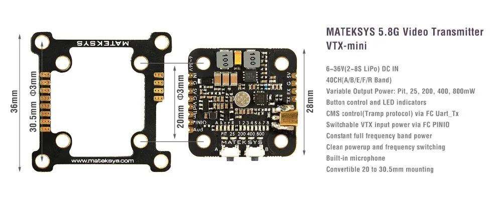 Matek Системы VTX-MINI 5,8G 40CH Pit/25/200/400/800 МВт FPV видеопередатчик VTX для FPV гоночного дрона с дистанционным управлением
