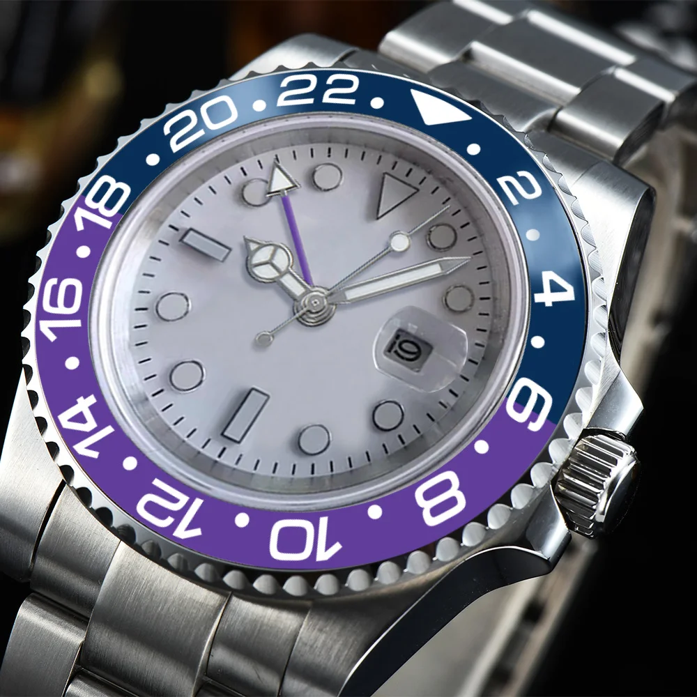 

Men's GMT Automatic Watch 40MM Steel Strap Rotating Bezel White Dial Luminous Hands Sapphire Glass Aluminum Bezel R4