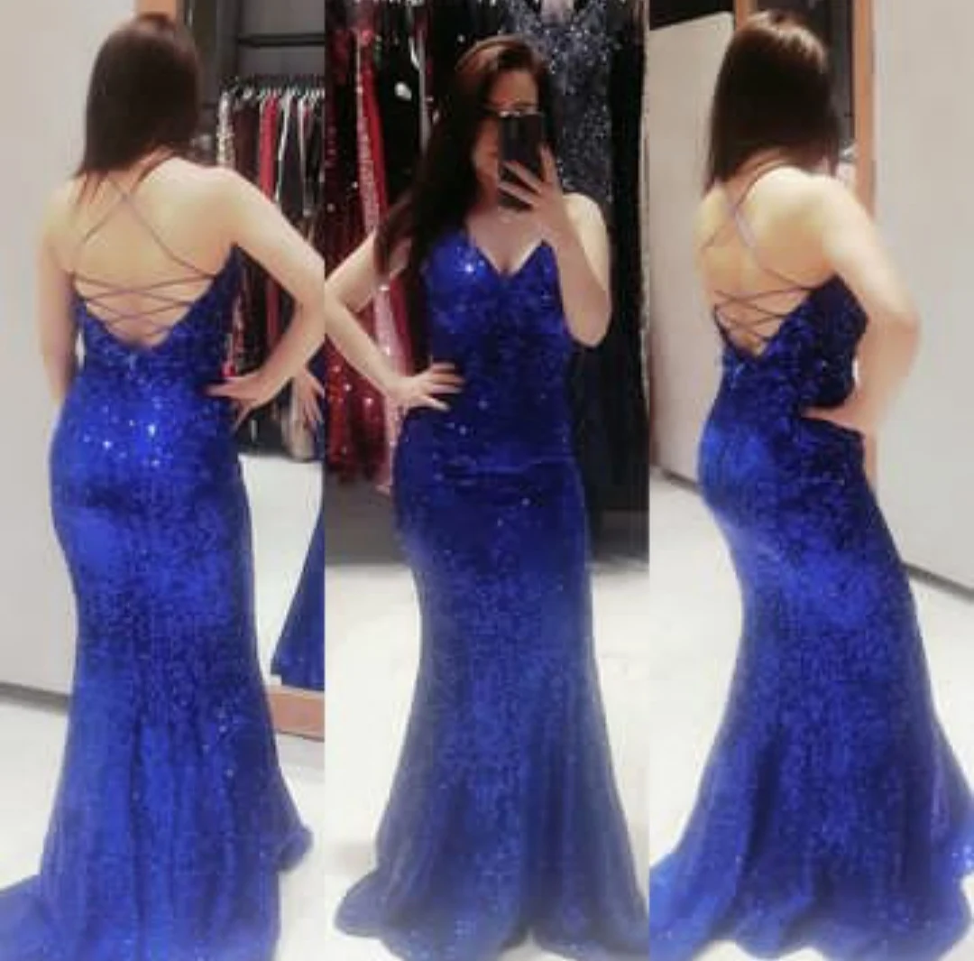 

Sexy Sequined Mermaid Royal Blue Evening Dresses Long Criss Cross Back Sweep Length V-Neck Abendkleid Robes de Soirée for Women