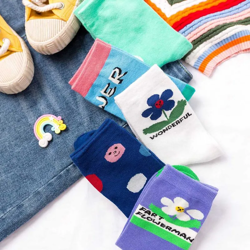 5 пар/упак. женские носки с рисунками цветов Kawaii забавные повседневные женские хлопковые чулки уличная одежда для катания на коньках Harajuku