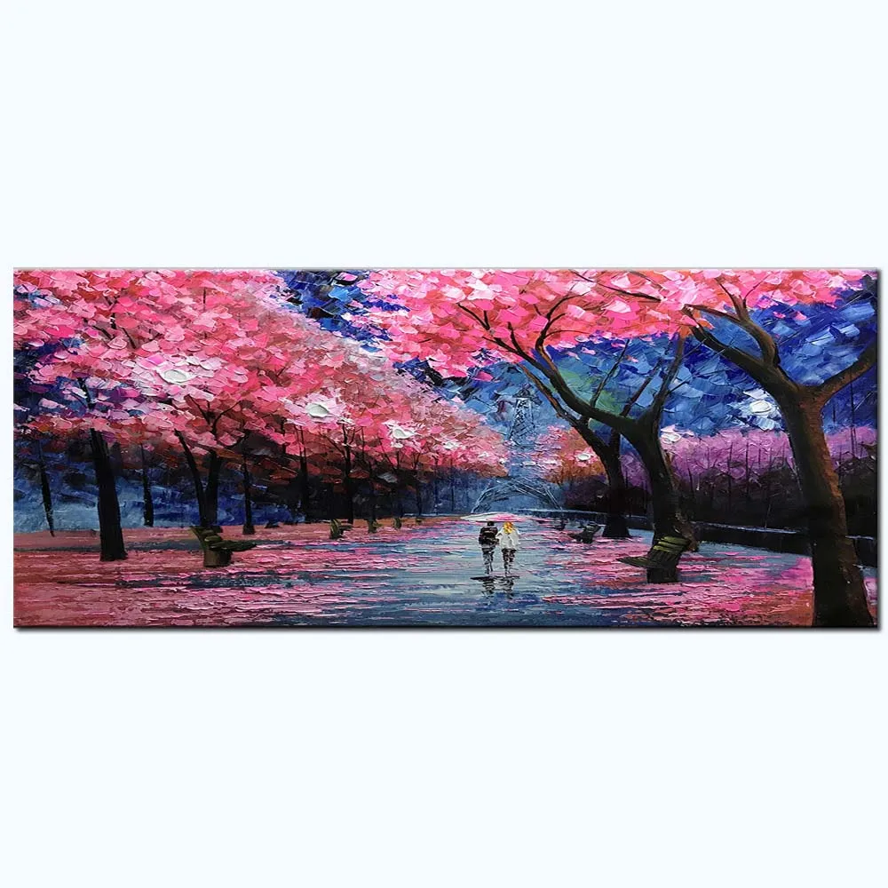 

Hand Painted Abstract Impasto Pink Flower Tree Street Nighty Landscape Oil Painting Canvas Living Room Home Decor Drop Shipping
