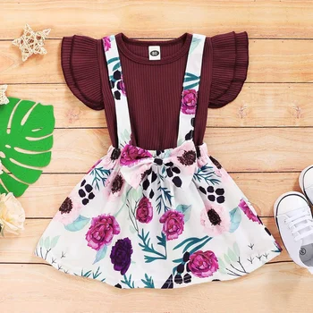 

Summer Baby Girl Skirts Clothing Sets Girls Flare Sleeve Solid Color T-shirt Blouse Floral Strap Skirts Casual Outfits Set