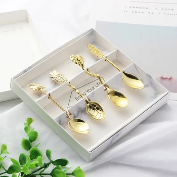 

4Pcs Set Mini Cute Royal Style Coconut Tree Tea Spoon Vintage Dessert Coffee Spoon FlatwareCarved Ice Cream Golden Tableware