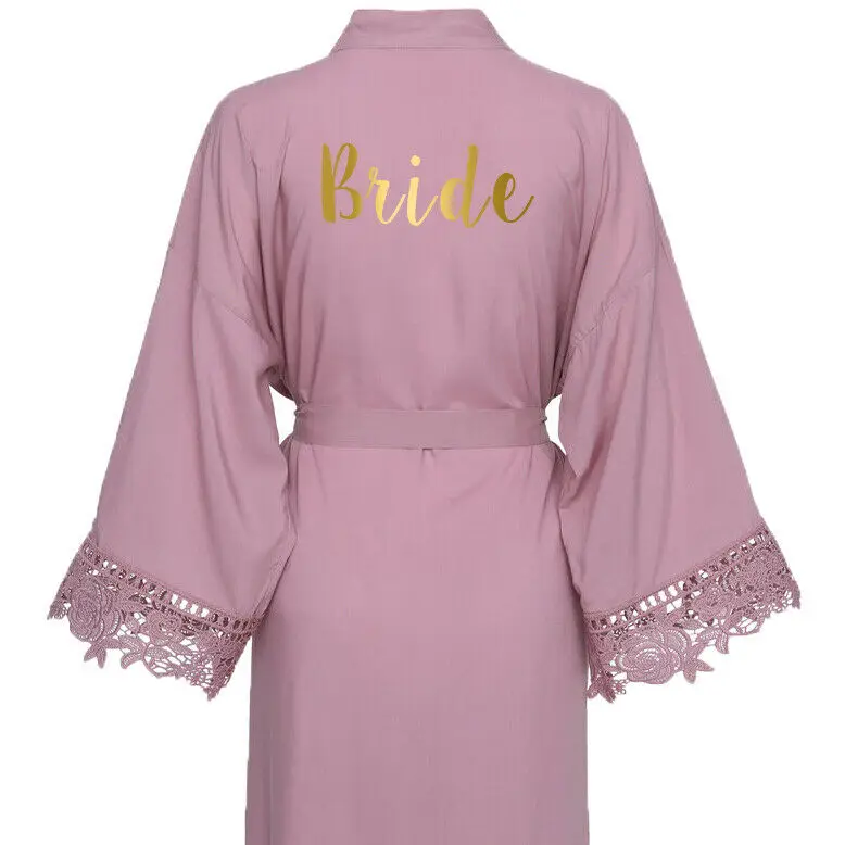 Mauve Bride Owiter, однотонный хлопковый Халат для невесты, кружевная отделка, Свадебный халат, халаты для невесты, халат, одежда для сна с поясом для женщин - Цвет: Mauve Bride