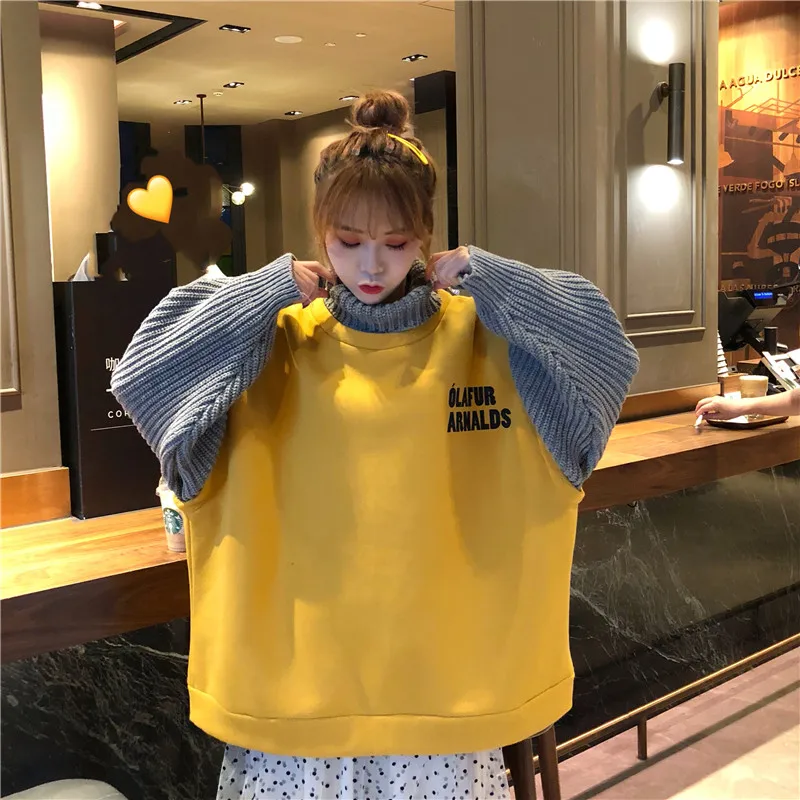 Корейская толстовка с надписью и бархатом BF Ins Harajuku винтажная Женская шикарная имитация двух частей модная Свободная Повседневная Женская толстовка