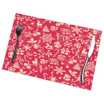

6 Pcs Placemat Table Mat Red Christmas Elements For Tables Heat-insulation Linen Kitchen Dining Pads