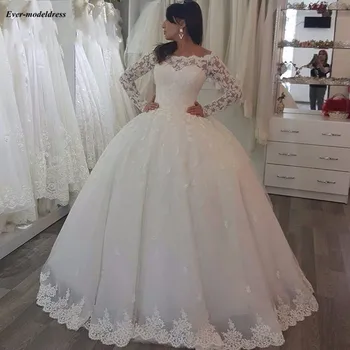 

Elegant Long Sleeves Lace Tulle Ball Gown Wedding Dresses Illusion Buttons Back Floor Length Vestidos De Noiva Custom Made 2019