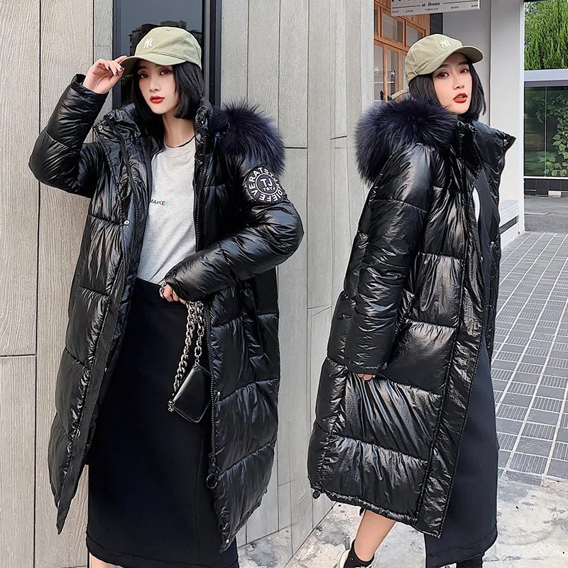 

Ozhouzhan down Jacket Women's Mid-length over-the-Knee Hooded 2019 Winter New Style Bright Surface Thick Oversized Fur Collar of