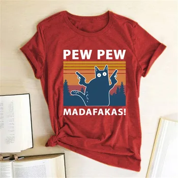 

Black Cat Pew Pew Madafakas Funny Cat Gangster With Gun Meme Retro Women's 100% Cotton Short Sleeves T-Shirt Humor Gift Tops Tee