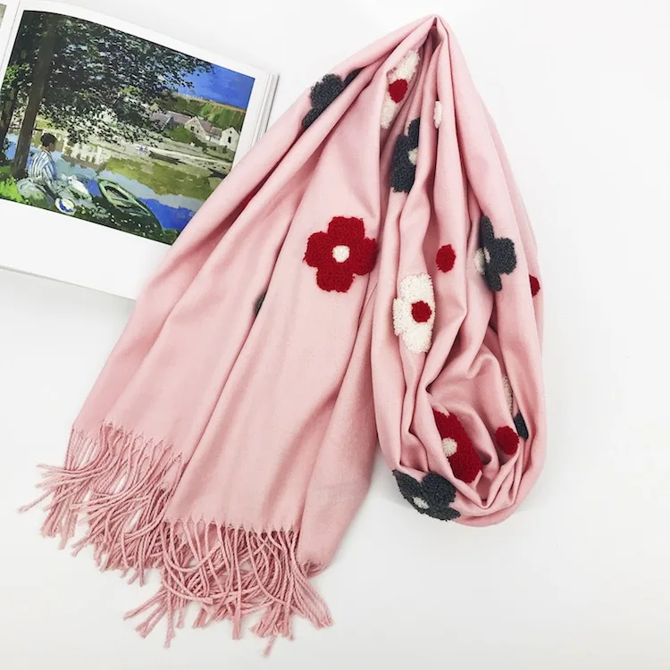 Роскошный брендовый шарф, толстый зимний женский шарф, теплый кашемировый Цветочный вышитый шалевая накидка с бахромой в виде кисточек, одеяло, хиджаб, женский шарф из пашмины - Цвет: Розовый