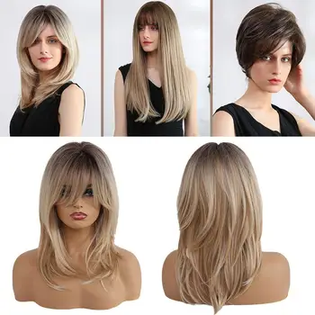 

Brown Mixed Natural Blonde Wavy Ombre Synthetic Hair Bangs Wigs With For Women K5T9
