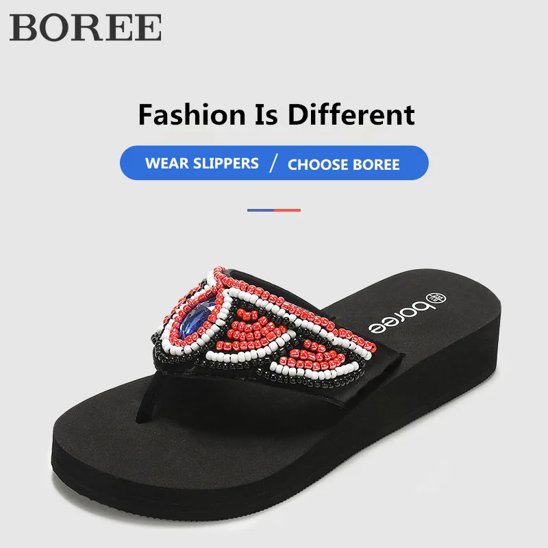 Boree Ethnic Style Flip Flops Women Summer Wedges Platform Shoes Hollowing Out Hand String Bead Beach Slippers EVA femme Sandals