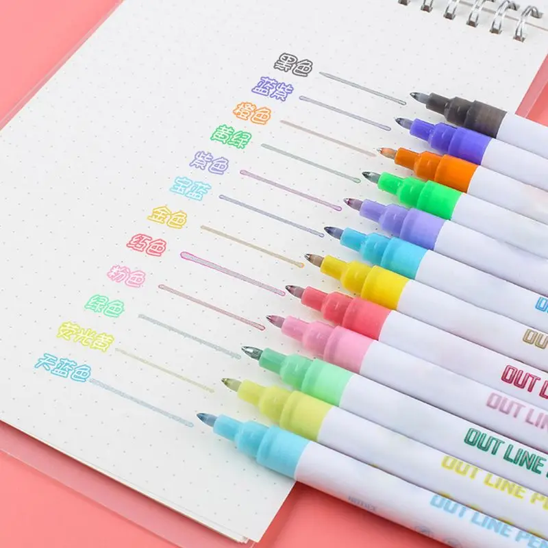 

New 12 Pcs Double Line Outline Pen Drawing Highlighter Dream Color Fluorescent Mark