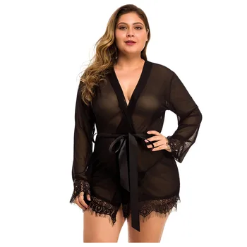 

Women Black Lace Robe Splice Plus Size Backless bathrobe Summer Lady Sexy Lingerie Sleepwear 1-4XL szlafrok damski W4