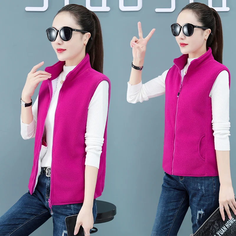 New Women'S Autumn Winter  Thickened Fleece Vest Lady Single Wear, Sleeveless Plush Zipper Stand Collar Cardigan Coat
