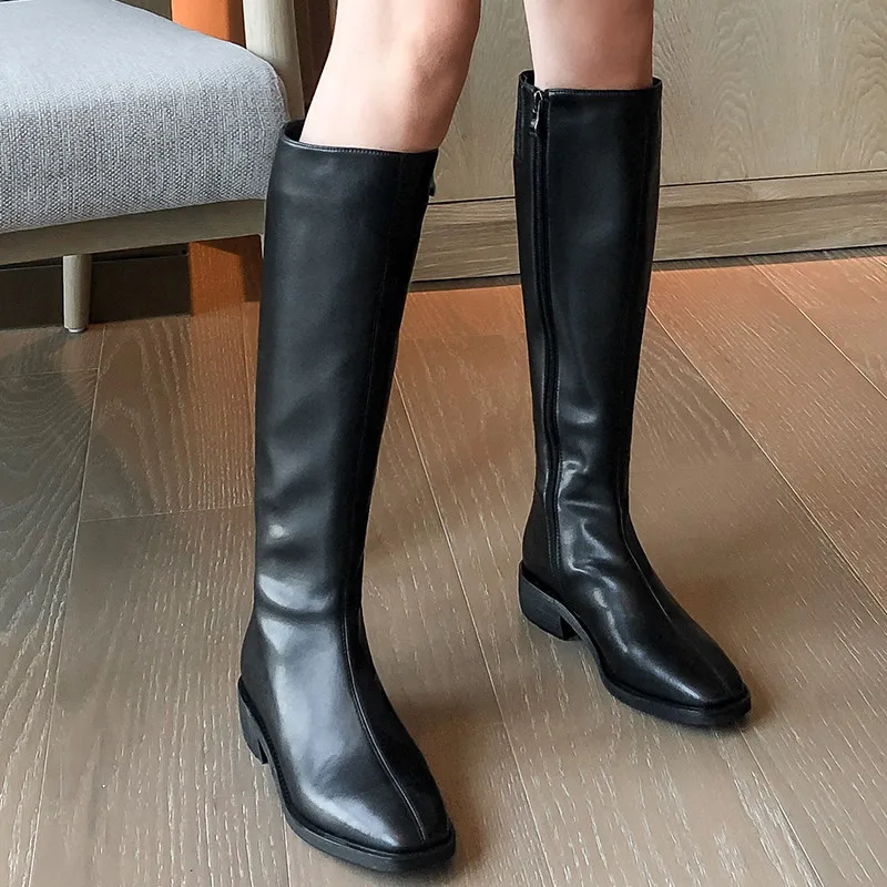 FEDONAS Concise Genuine Leather High Heels Women Vintage Knee High Boots Party Prom Shoes Woman Winter Side Zipper Long Boots - Цвет: Черный