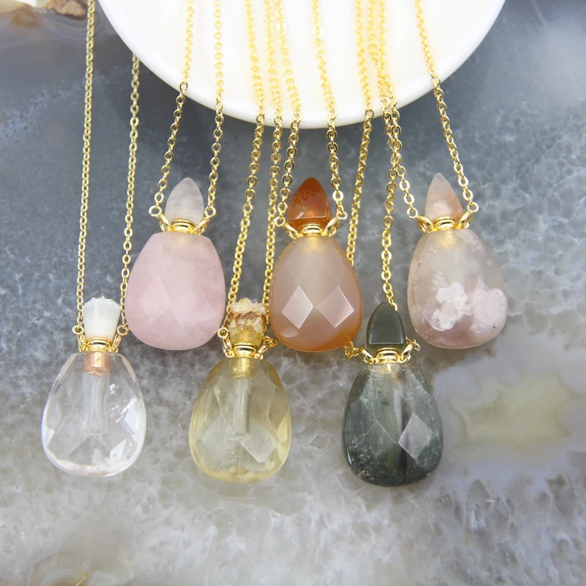 Natural Citrines/Agate/Garden Crystal Perfume Bottle Pendants,Rose/White Quartz Essential Oil Diffuser Vial Necklace Jewelry