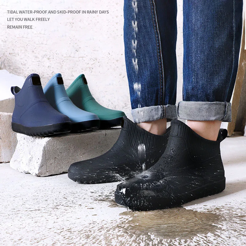 

New Style Men Rubber Rain Shoes Slip On Waterproof Low-Heel Tube PVC Rain Boots Work