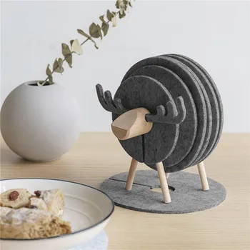 

Sheep Felt Wooden Drink Coasters Animal Shape Placemat Desktop Tea/coffee Cup Insulation Pads Kitchen Table Decor Accessories