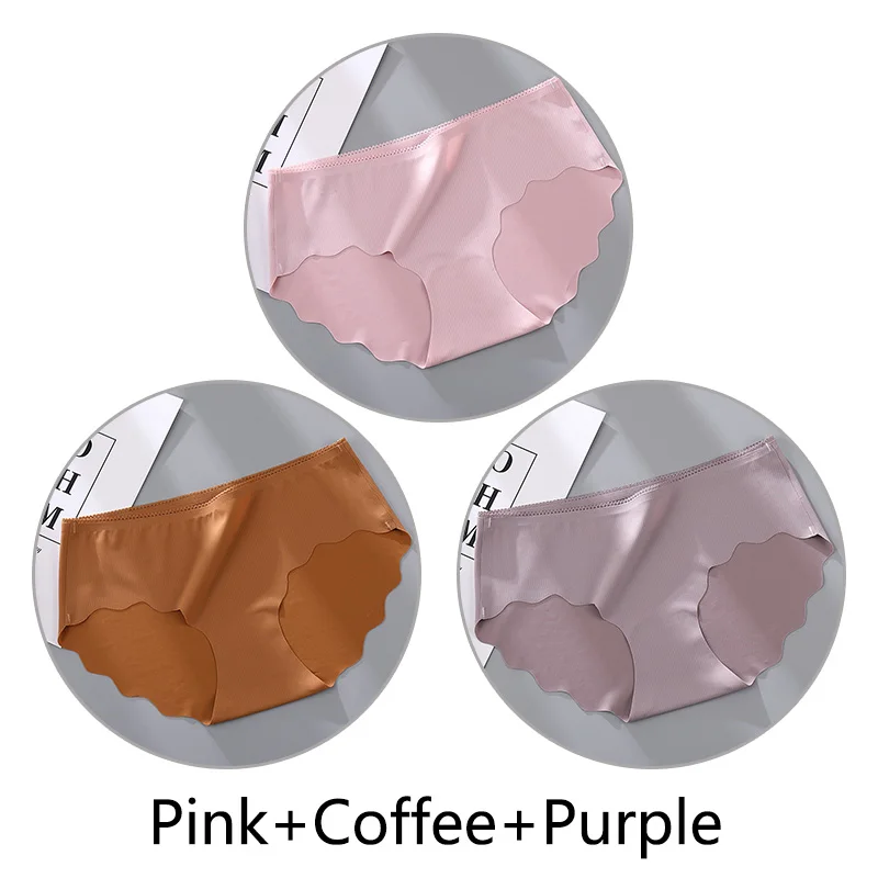 Pink Coffee Purple 3 шт сплошной цвет мягкие трусики бесшовные женские сексуальные оборки женские дышащие трусы натуральный шелк антибактериальные промежность нижнее белье на Клее - Цвет: Pink Coffee Purple
