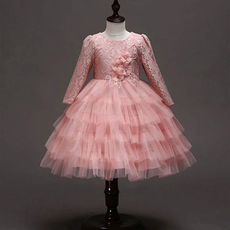 Ночная съемка, розовые праздничные Детские сетчатые платья-пачки с длинными рукавами и цветочным рисунком, кружевные корейские платья для девочек