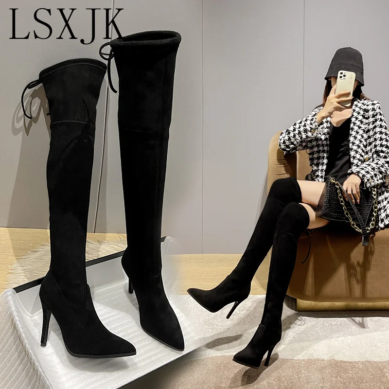

LSXJK New Winter Plus Velvet Stretch Thin Boots Stiletto Pointed Toe Boots Women Over-The-Knee High-Heeled Sexy Long Boots Women