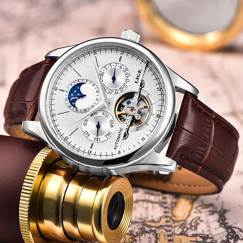 2022 LIGE Brand Fashion Silver Mens Mechanical Watch Men Tourbillon Automatic Watches Casual Leather Sports Clock Relojes Hombre | Наручные