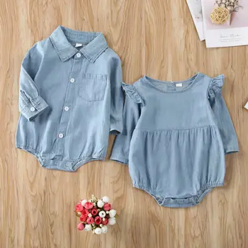 

Sweet Denim Blue Long Sleeve Playsuit Outfit Clothing Big Brother LIttle Sister Newborn Infant Baby Boy Girl Romper Clothes