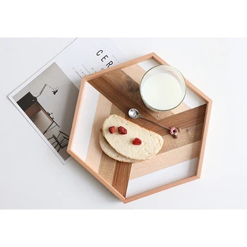 

Hexagonal Wooden Tray Simple Household Dessert Dish Solid Wood Teacup Cake Plate 1