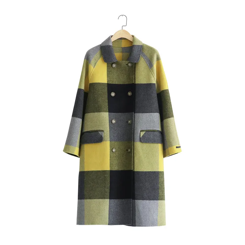 

Women's handmade double-sided Korean plaid wool coat autumn and winter version of the long woolen coat