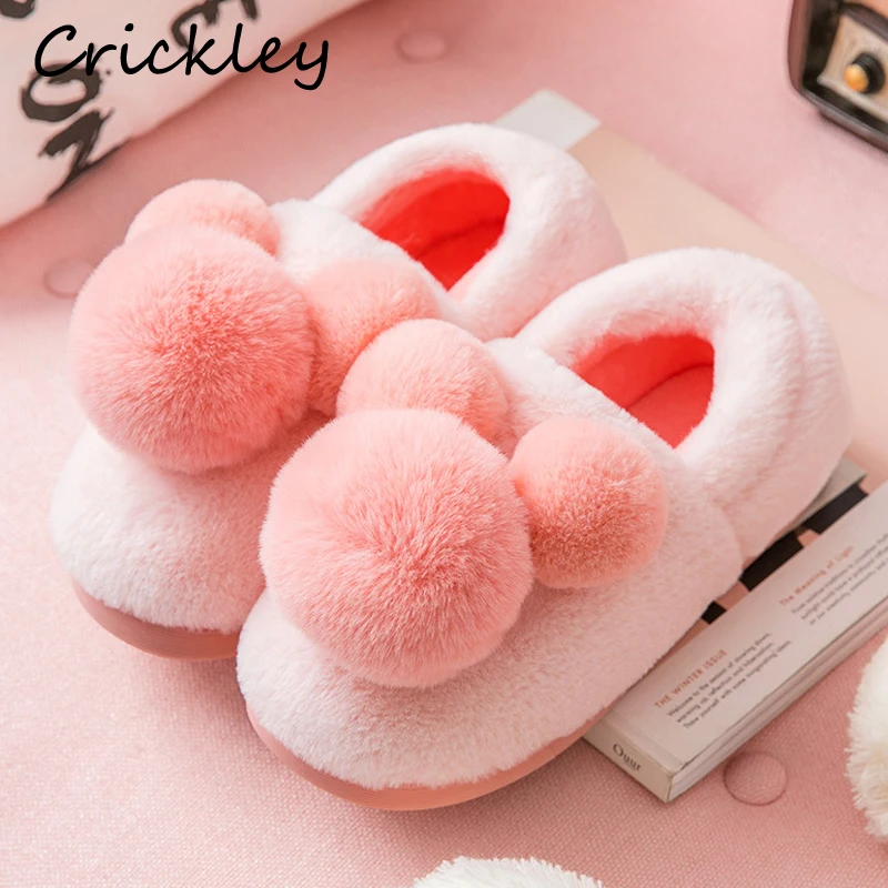Children Candy Color Cute Cartoon Fur Ball Indoor Slippers for Boys Girls Winter Warm Coral Velvet Non Slip Kids Home Slippers