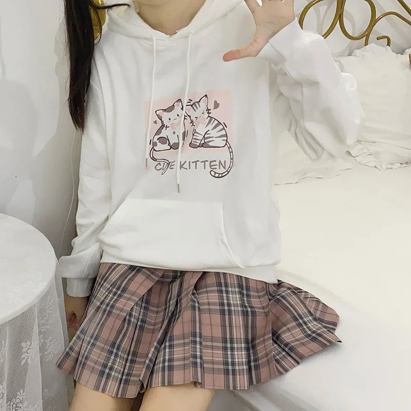 Japanese Aesthetic Kawaii Hoodies Women Pullover Cute Cat Graphic Cartoon Print Hooded Sweatshirts Girls Anime Clothes White
