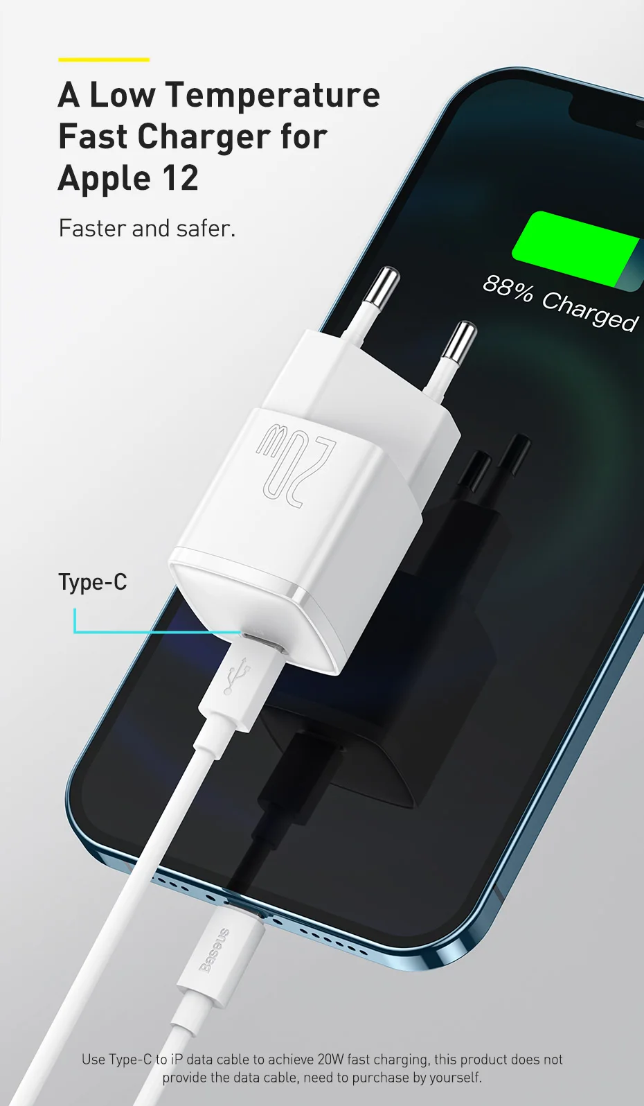 Baseus USB Type C Charger 20W Portable USB C Charger Support Type C PD Fast Charging For iPhone 12 Pro Max 11 Mini 8 Plus