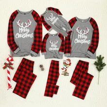 Рождественская Пижама с изображением лося; женские клетчатые топы с надписью; Рождественская футболка с рукавом реглан; штаны в клетку; Семейные пижамы; Camisetas Mujer;# xsw