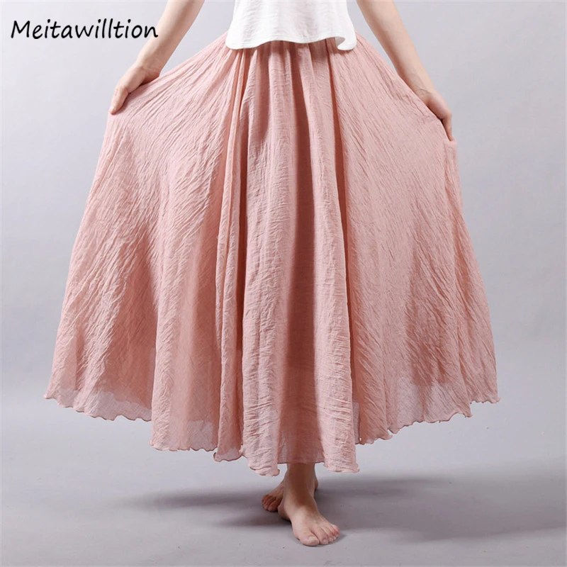 Women Pleated Long Skirt Summer Cotton Linen Beach Skirt 2020 Casual Solid Elastic Waist A Line