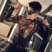 Мужская повседневная приталенная рубашка с принтом и длинным рукавом, мужские вечерние рубашки для ночного клуба