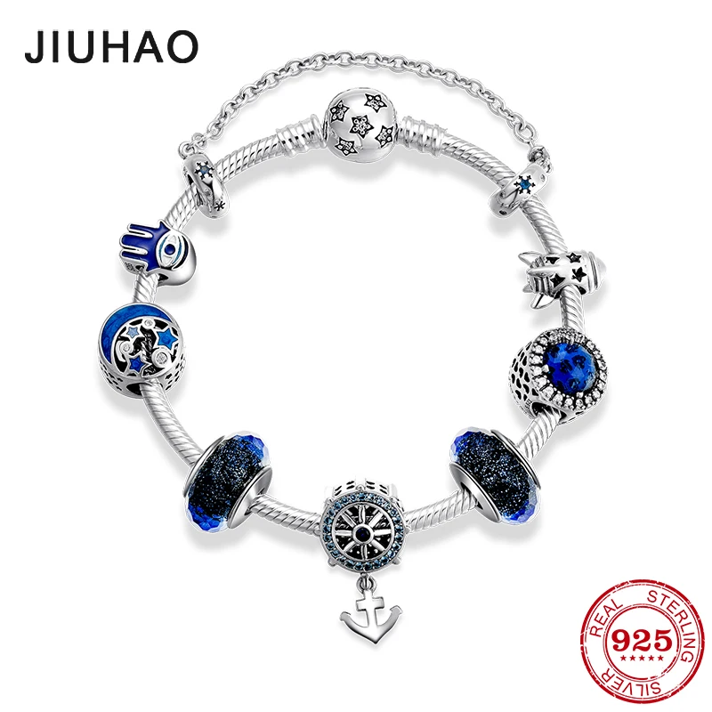 Power of faith, новинка, 925 пробы, серебряный браслет с якорем, амулеты, синие стеклянные бусины, ослепительно прозрачные CZ Круглые цепочки для женщин, ювелирные изделия