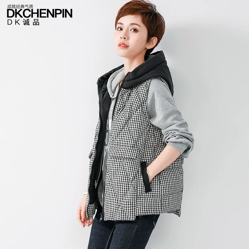 

Plaid Vest WOMEN'S Dress Loose-Fit Hooded Short Sleeveless Coat 2019 New Style Autumn And Winter Korean-style Versatile Vest Wai