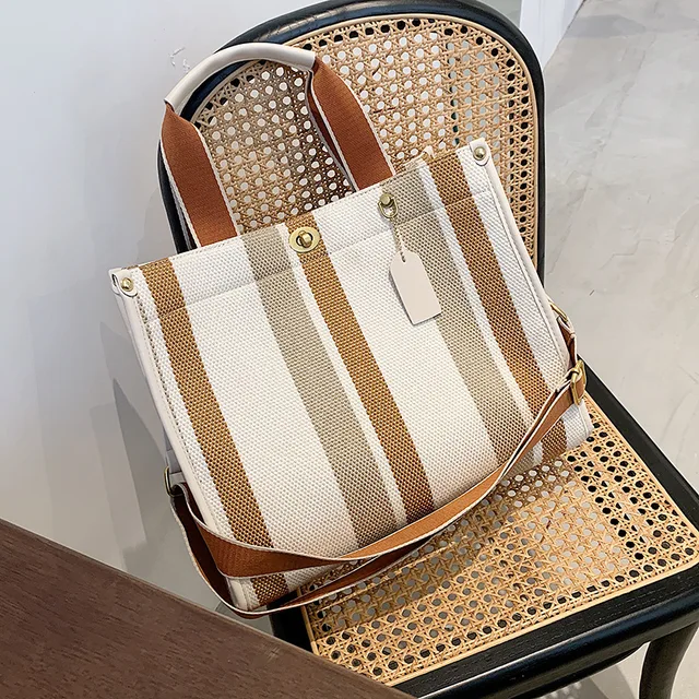 Fashion Striped Canvas Women Shoulder Bag Big Capacity Shopper Bags For Women Casual Wide Strap Handbag Women's Bag Commute Tote Beige