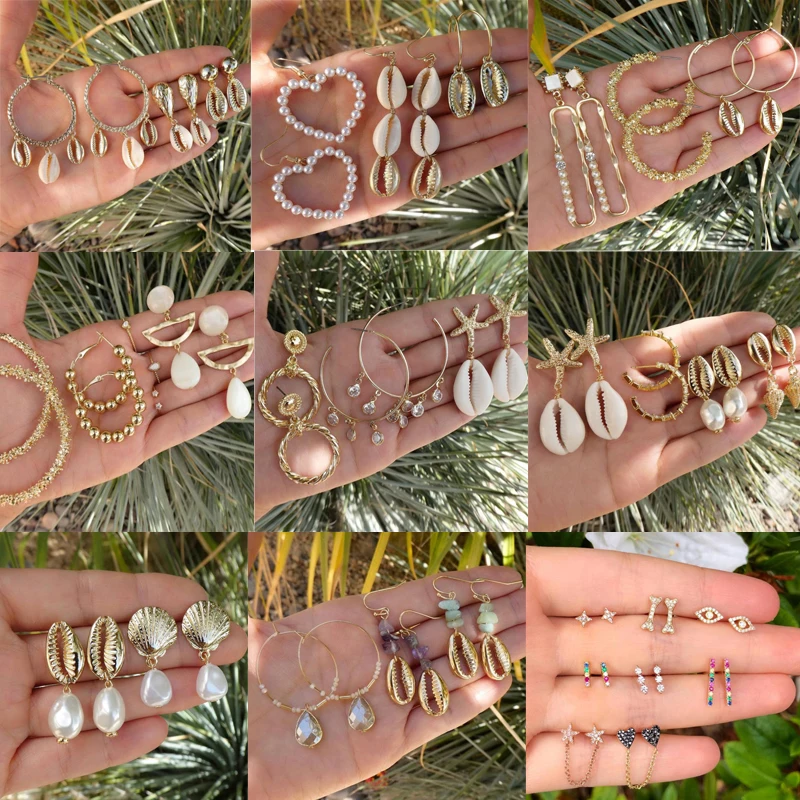 Tocona Bohemian Shell Stud Earrings Sets for Women Luxury Pearl Heart Summer Starfish Clear Crystal Stone Jewelry | Украшения и
