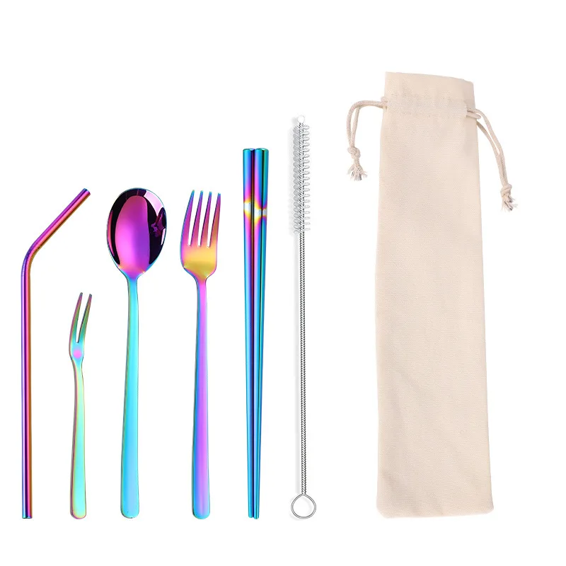 Корейская посуда, портативный столовый набор, палочки для еды, ложка, вилка из нержавеющей стали, кухонные столовые приборы, вечерние столовые приборы для взрослых и школьников - Цвет: 8rainbow
