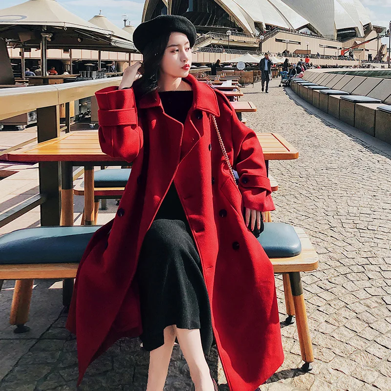 

2019 Popular Short-height Red Woolen Jacket Women's Autumn And Winter New Style Mid-length Loose-Fit BF Fashion Woolen Overcoat