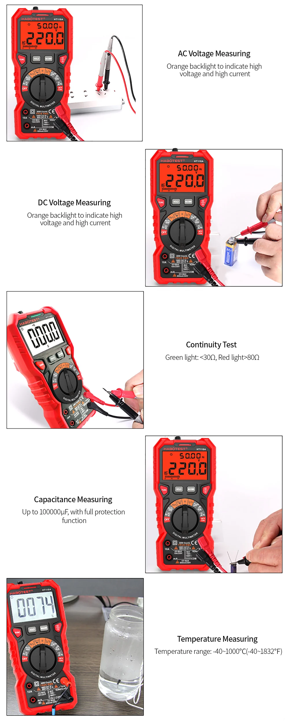 HABOTEST HT118A Цифровой мультиметр Авто Диапазон мульти метр 6000 отсчетов истинное RMS