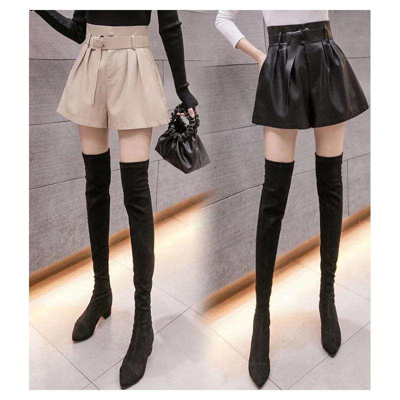 PU Leather Shorts Women 2020 New Autumn Winter Korean Style Fashion High Waist Wide Leg Loose Slimming Leather Boots Shorts