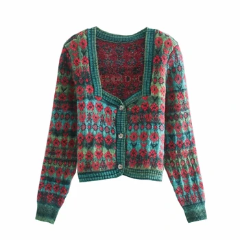 

Vingate Green Jacquard Cropped Knitted Cardigan Sweater Women Za Autumn Fashion Square Neck Long Sleeve Ladies Cardigans Top