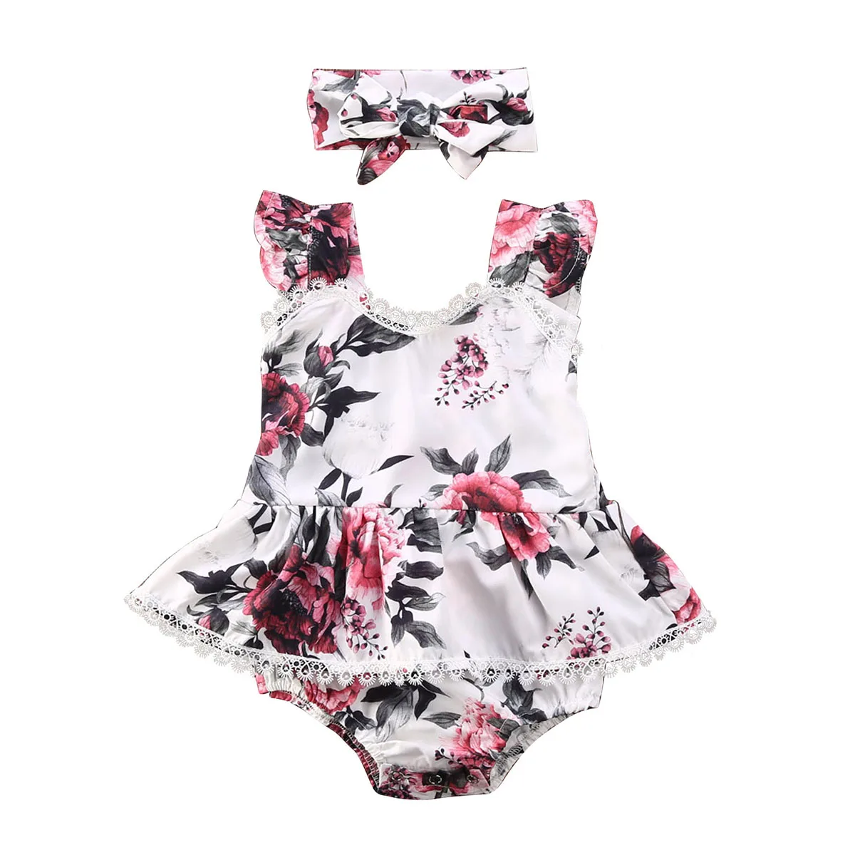 

Infant Toddler Baby Girls Cute Ruffle Jumpsuit Sleeveless Summer Flowers Print Bodysuit Sunsuit Outfit Clothes Sweet Headband