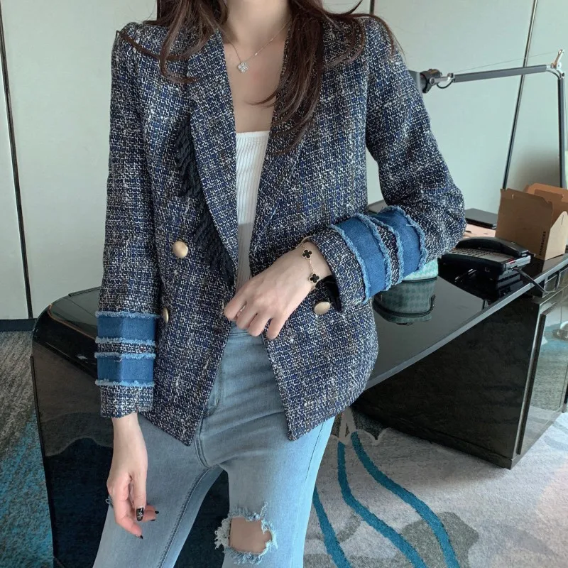 price reduction  2019 Autumn Runway Jacket Coat Patchwork Denim Tweed Jacket For Women Turn Down Collar Vintage doub